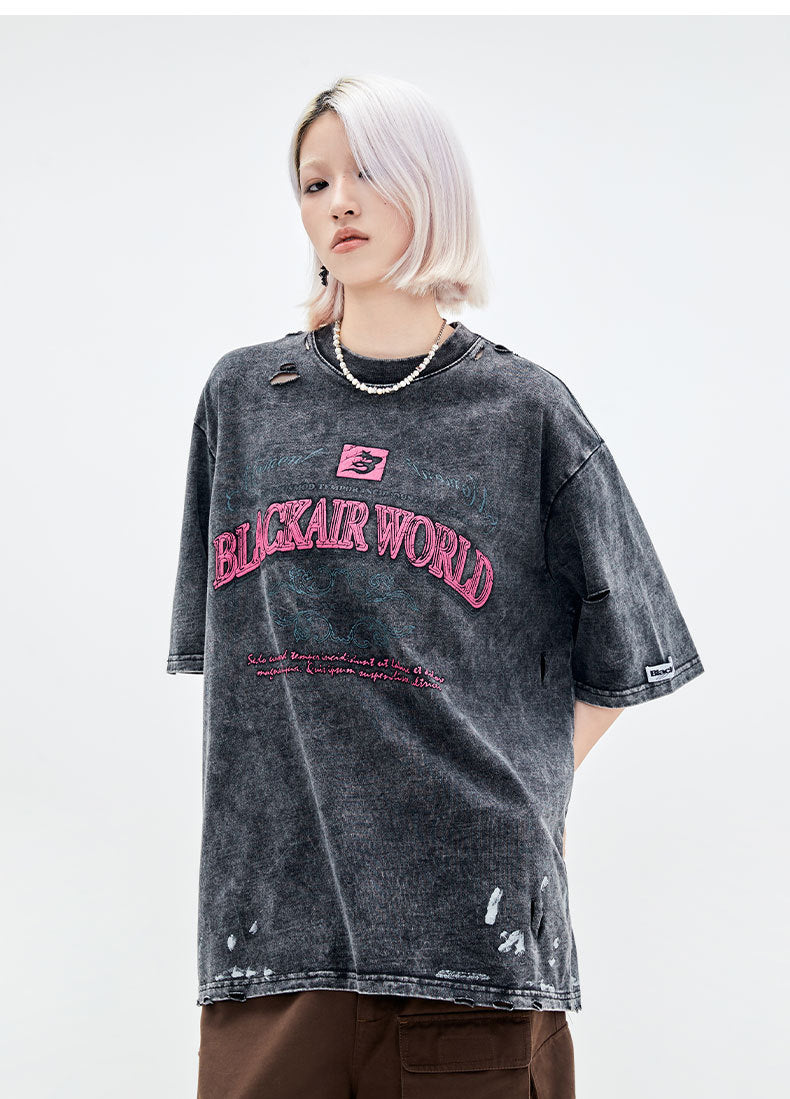 Retro Washed And Worn Cut Letter Foam T-shirt