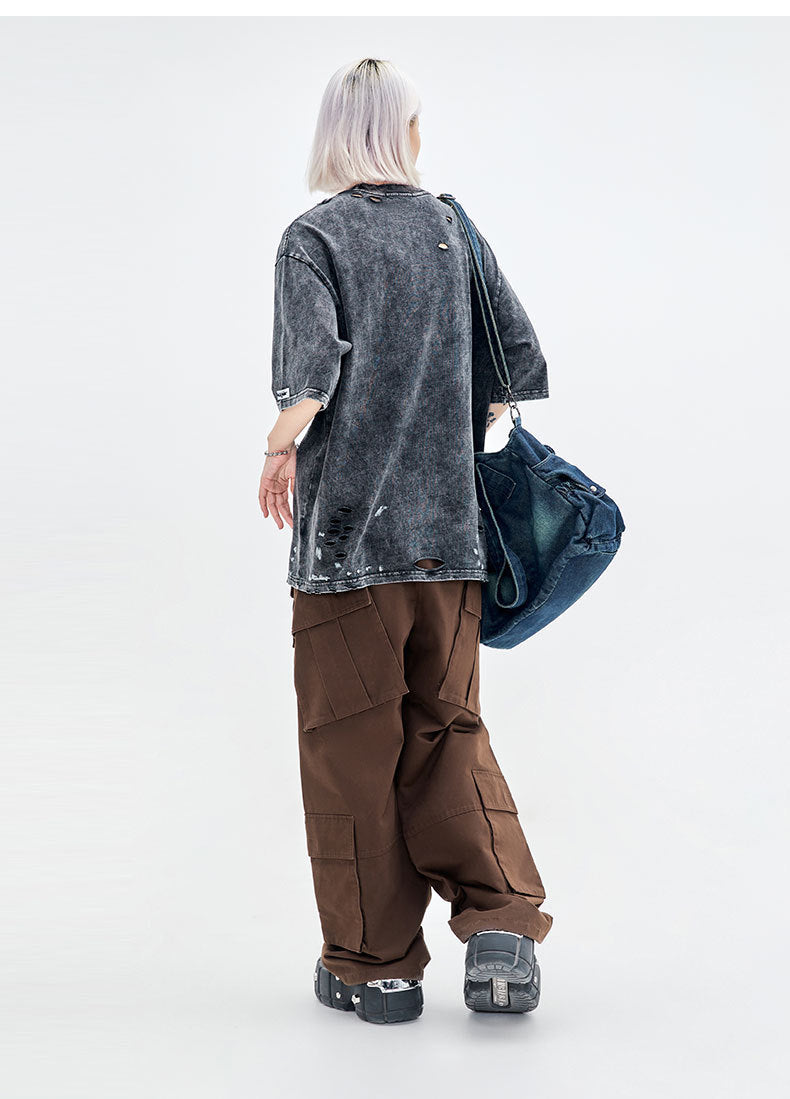 Retro Washed And Worn Cut Letter Foam T-shirt