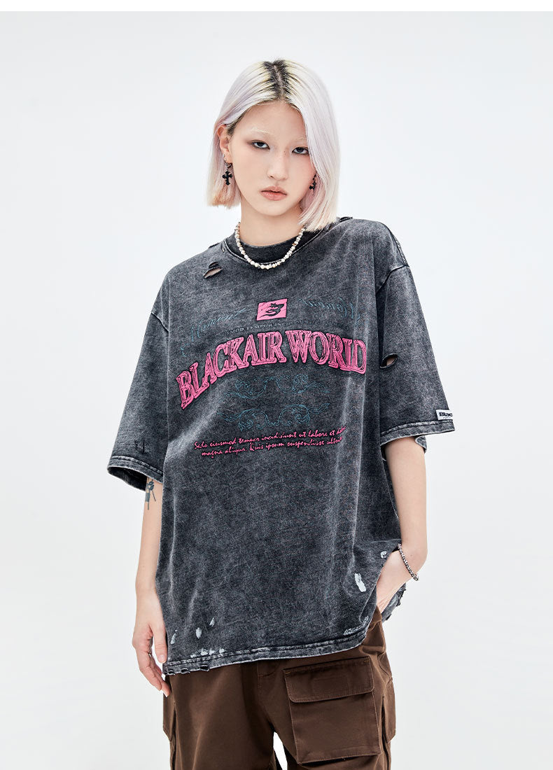 Retro Washed And Worn Cut Letter Foam T-shirt