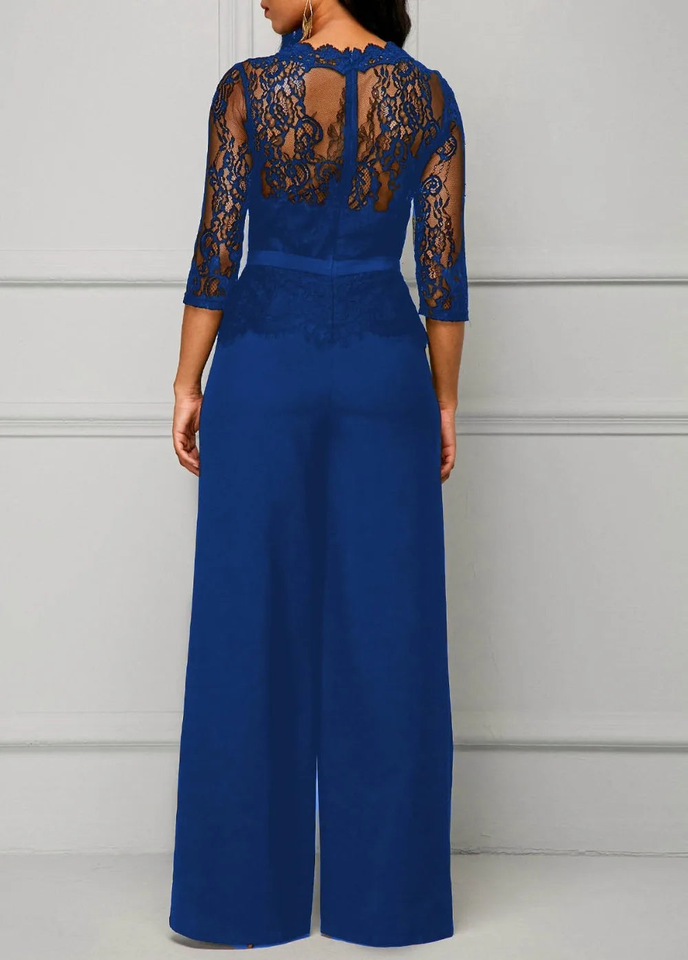 Elegant Sexy Jumpsuits Women Long Sleeve Lace Patchwork Jumpsuit Loose Trousers Wide Leg Pants Rompers Holiday Black Overalls