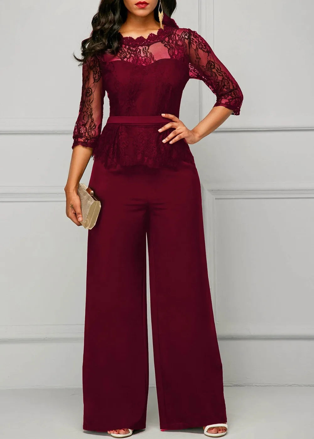 Elegant Sexy Jumpsuits Women Long Sleeve Lace Patchwork Jumpsuit Loose Trousers Wide Leg Pants Rompers Holiday Black Overalls