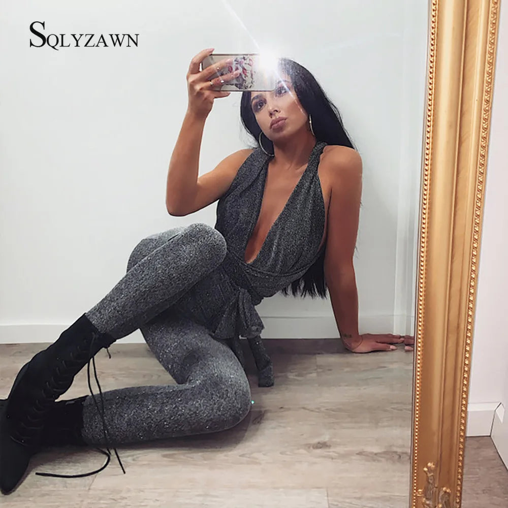 Sexy Sparkle Jumpsuit Women Off Shoulder Lace Up Bodycon Bandage Long Pants Glitter Backless Party Club Rompers Womens Jumpsuits