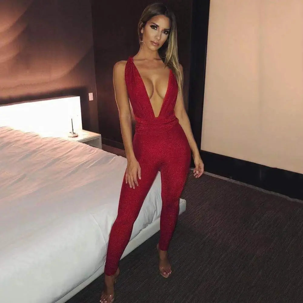 Sexy Sparkle Jumpsuit Women Off Shoulder Lace Up Bodycon Bandage Long Pants Glitter Backless Party Club Rompers Womens Jumpsuits