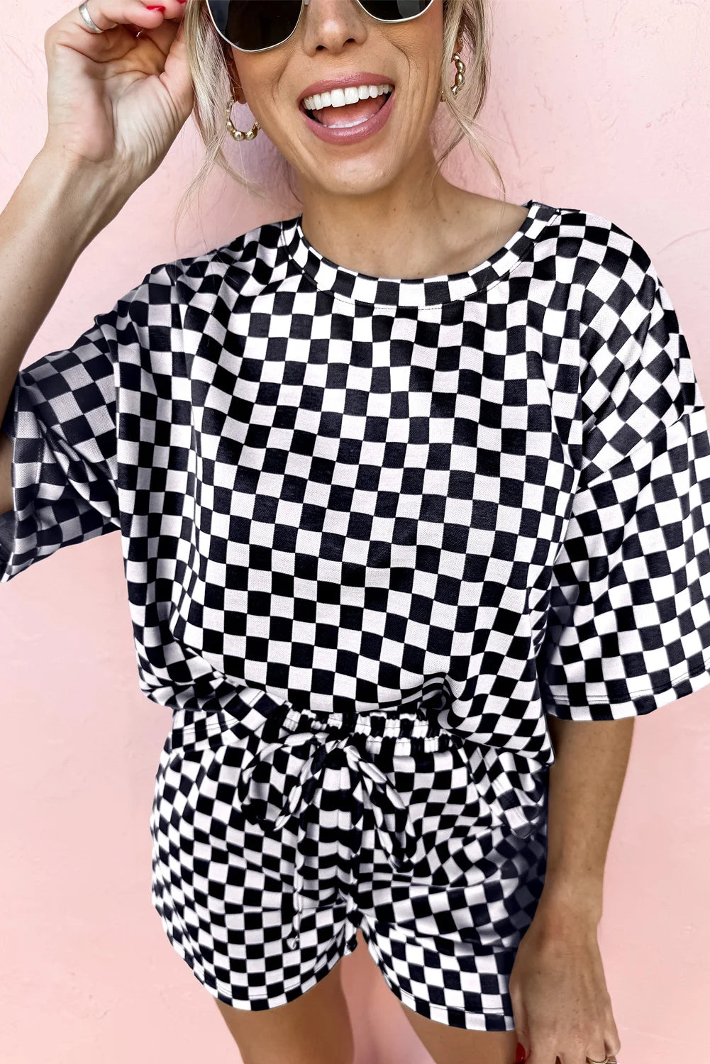 Shewin 2025 Women's Plaid Black Pink Checkered Top and Short Casual 2pcs Set