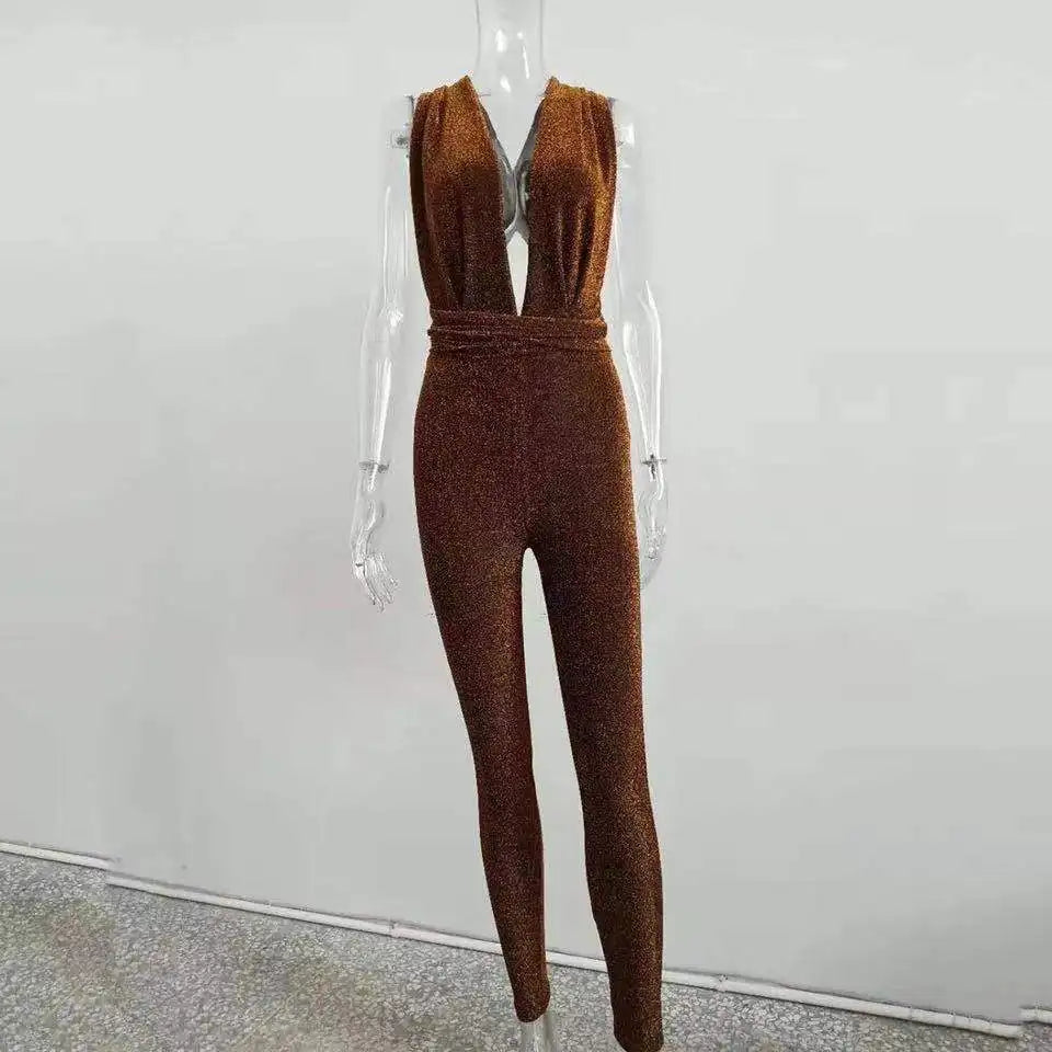 Sexy Sparkle Jumpsuit Women Off Shoulder Lace Up Bodycon Bandage Long Pants Glitter Backless Party Club Rompers Womens Jumpsuits