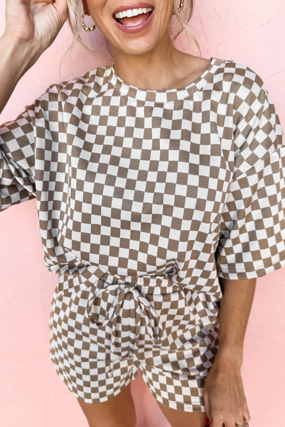 Shewin 2025 Women's Plaid Black Pink Checkered Top and Short Casual 2pcs Set