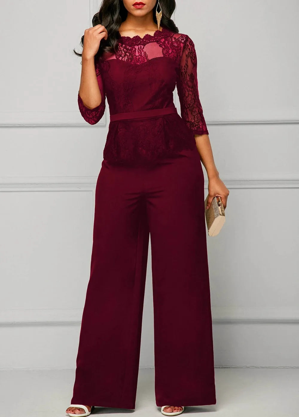 Elegant Sexy Jumpsuits Women Long Sleeve Lace Patchwork Jumpsuit Loose Trousers Wide Leg Pants Rompers Holiday Black Overalls