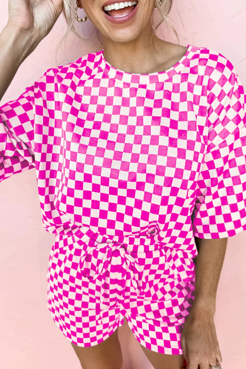 Shewin 2025 Women's Plaid Black Pink Checkered Top and Short Casual 2pcs Set