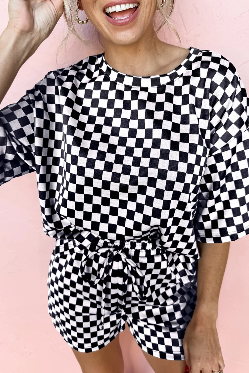 Shewin 2025 Women's Plaid Black Pink Checkered Top and Short Casual 2pcs Set