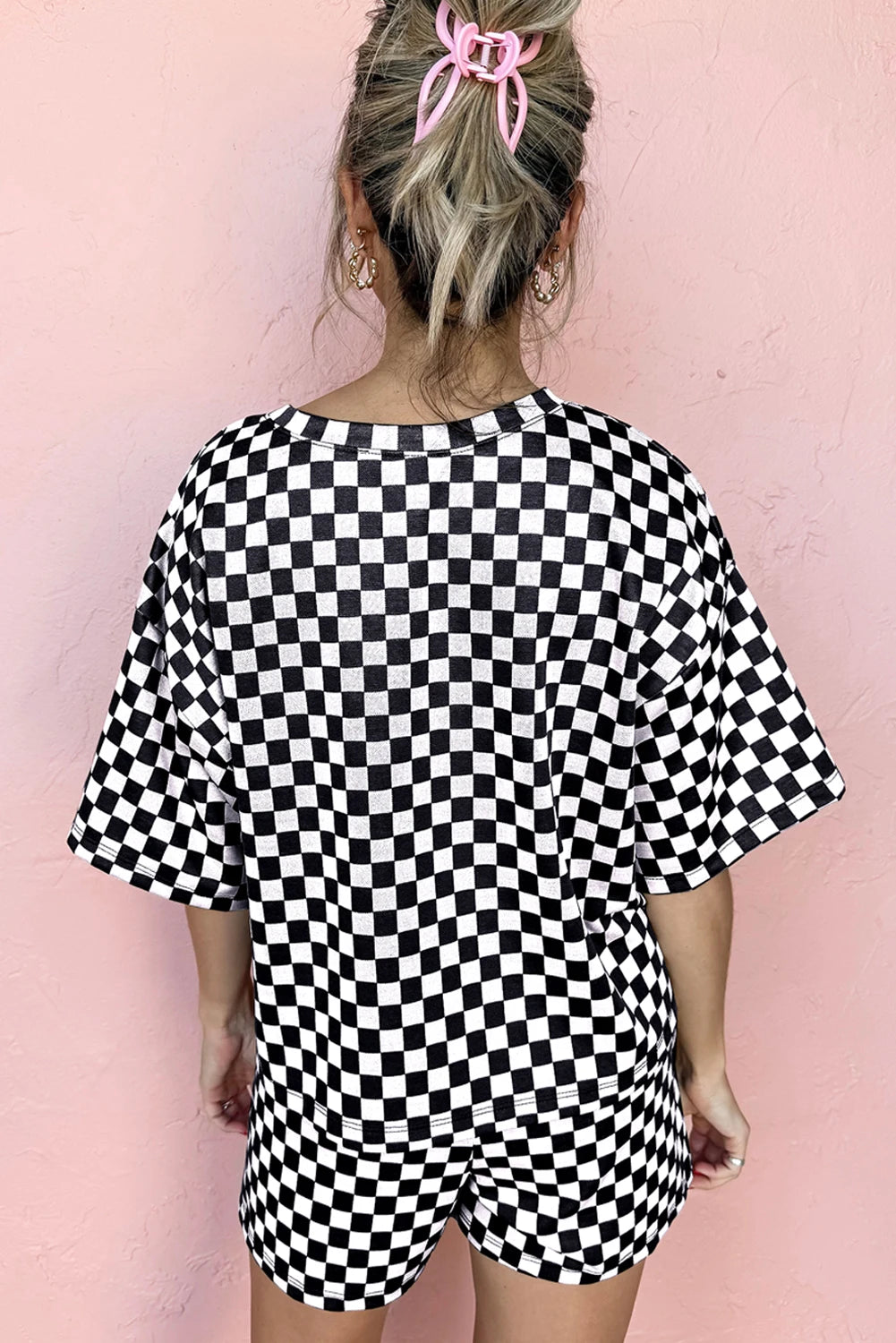 Shewin 2025 Women's Plaid Black Pink Checkered Top and Short Casual 2pcs Set