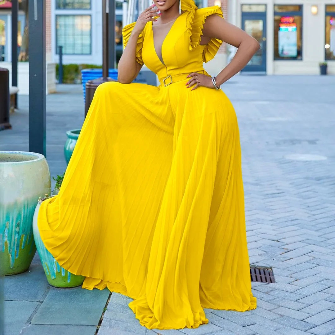 Luxury Jumpsuits & Rompers Pleated for Women V Neck Ruffles Sleeve Floor Length High Quality Elegant Birthday Party Dinner Cloth