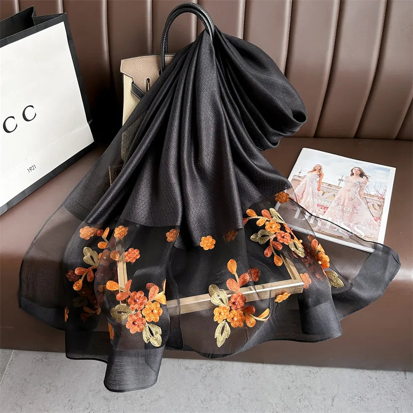 Luxury Women Hijab Shiny Lace Scarf Silk Soft Wool Shawls and Wraps Embroidery Flower Thin Scarves Foulard Female Bufanda New
