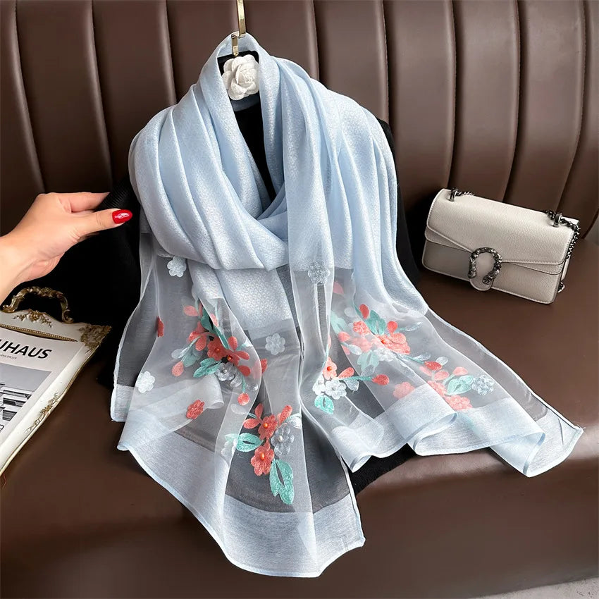Luxury Women Hijab Shiny Lace Scarf Silk Soft Wool Shawls and Wraps Embroidery Flower Thin Scarves Foulard Female Bufanda New