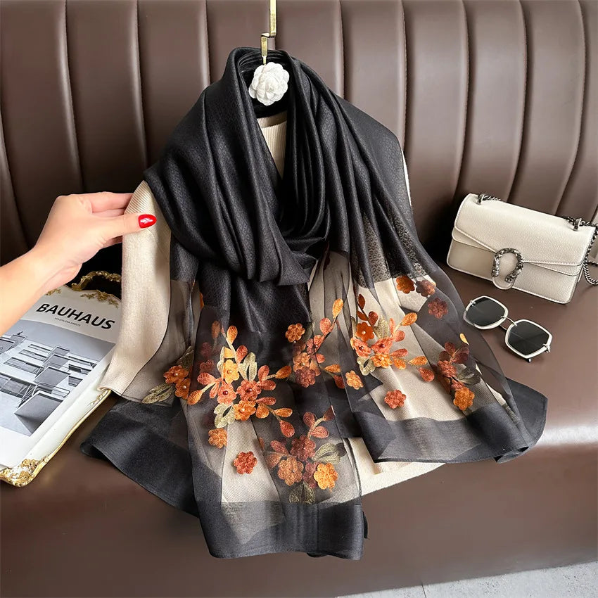 Luxury Women Hijab Shiny Lace Scarf Silk Soft Wool Shawls and Wraps Embroidery Flower Thin Scarves Foulard Female Bufanda New