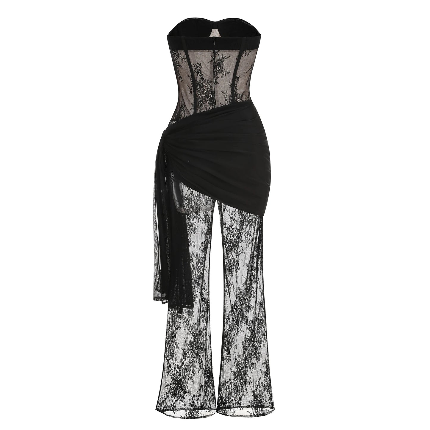 Luxury celebrity photography party nightclub evening gown lace strapless slim fit jumpsuit dress