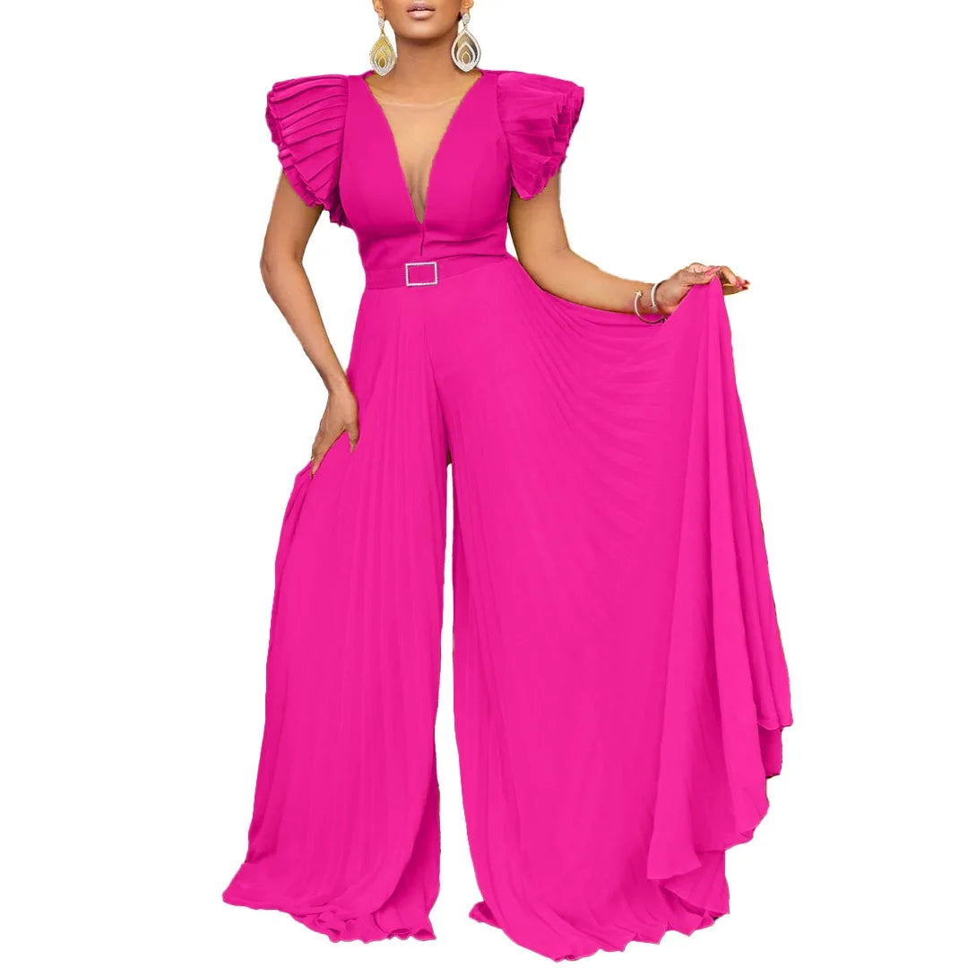 Luxury Jumpsuits & Rompers Pleated for Women V Neck Ruffles Sleeve Floor Length High Quality Elegant Birthday Party Dinner Cloth
