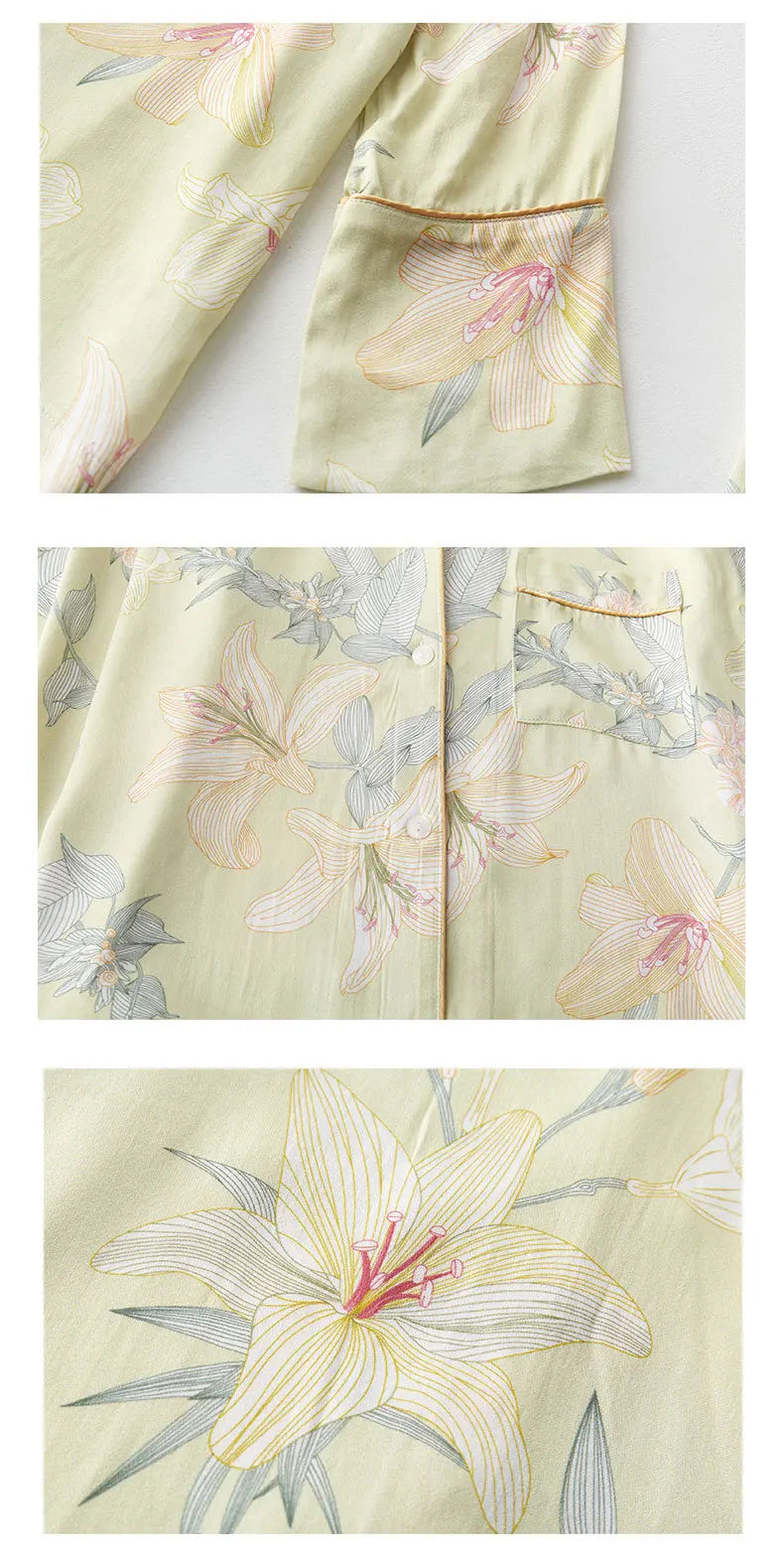 Luxury Floral Pajama Set Women Silk-like Viscose Loungewear Elegant Lily Print Sleepwear 2 Piece with Piping Long Sleeve Suit