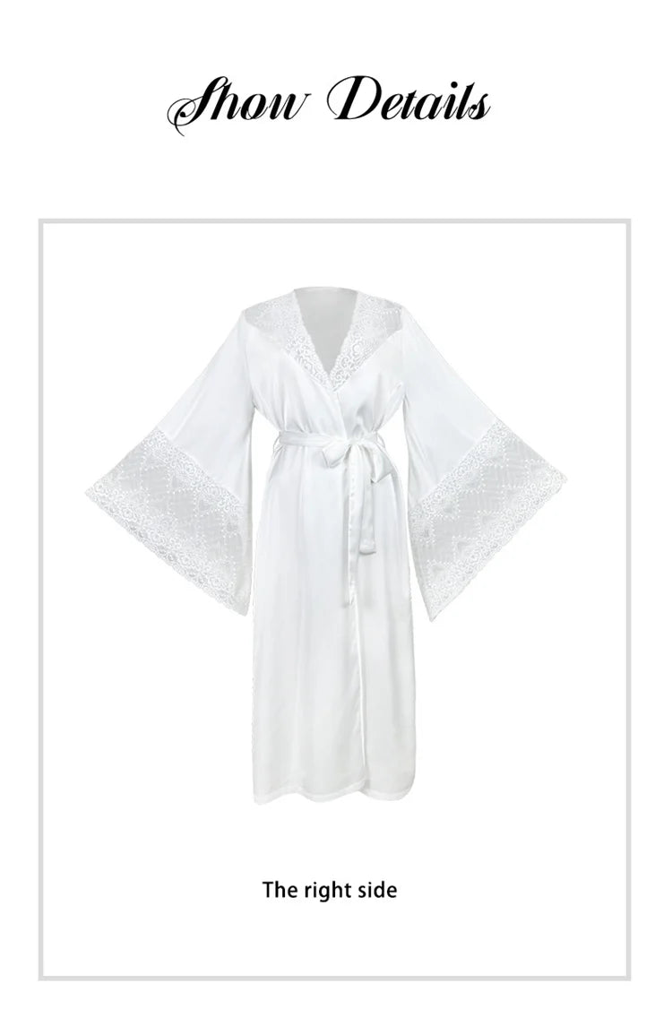 Women Robe White Satin Dressing Gown Lace Splicing Pijama Long Sleeved Luxury Bathrobe Home Wear Nightgowns Elegent Shower Robe