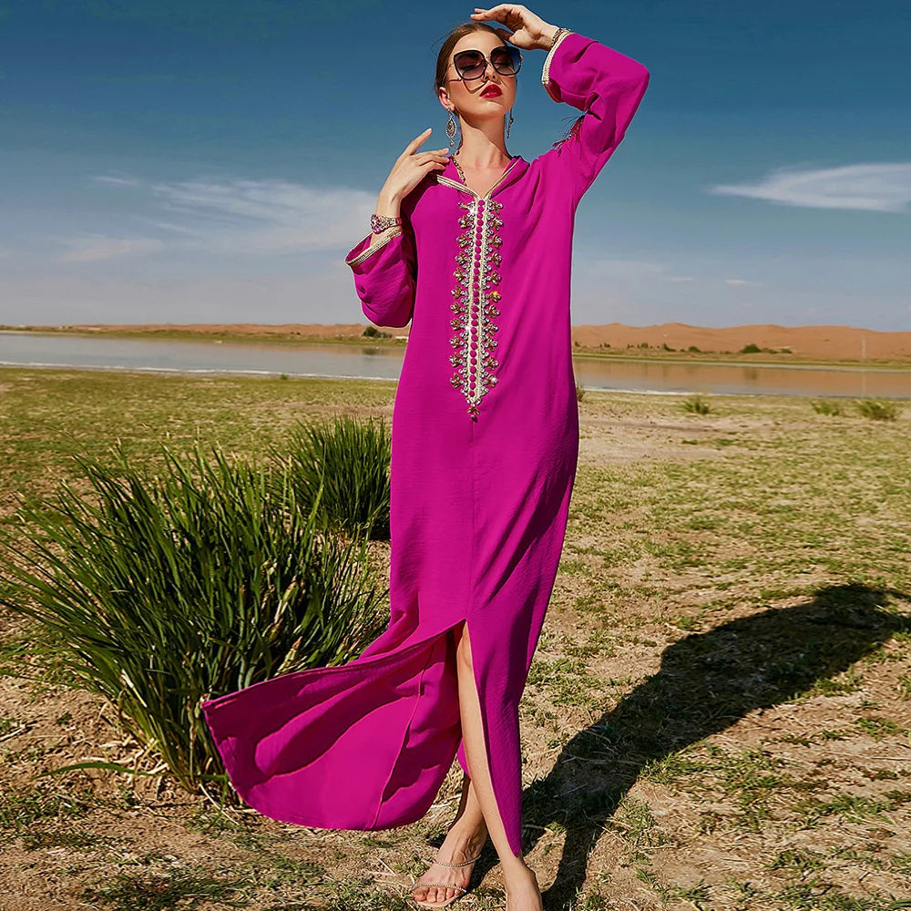 Luxury Dubai Abaya Diamonds Kaftan Jalabiya Eid Djellaba Women Muslim Dress Hooded Robe Femme Musulmane Vestidos Islam Clothing
