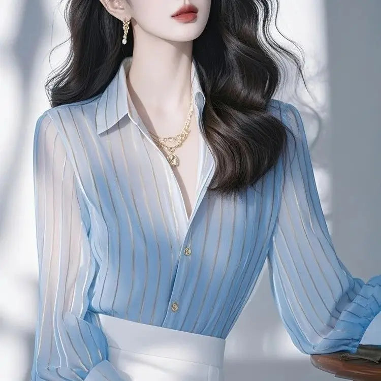 Luxury Light Blue Striped Shirt for Women's Spring New French Style Chiffon