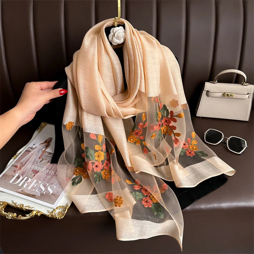 Luxury Women Hijab Shiny Lace Scarf Silk Soft Wool Shawls and Wraps Embroidery Flower Thin Scarves Foulard Female Bufanda New
