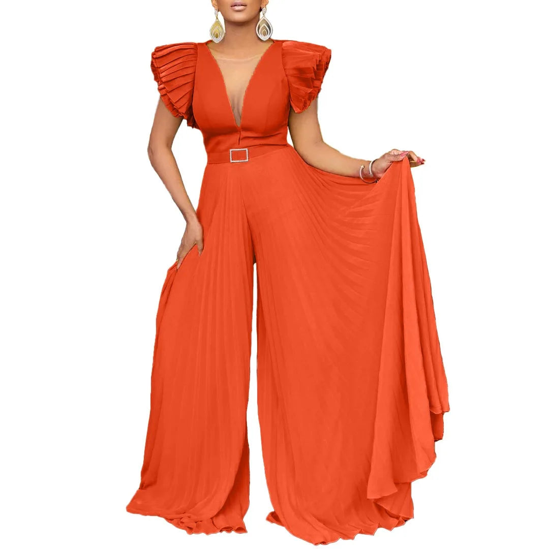 Luxury Jumpsuits & Rompers Pleated for Women V Neck Ruffles Sleeve Floor Length High Quality Elegant Birthday Party Dinner Cloth