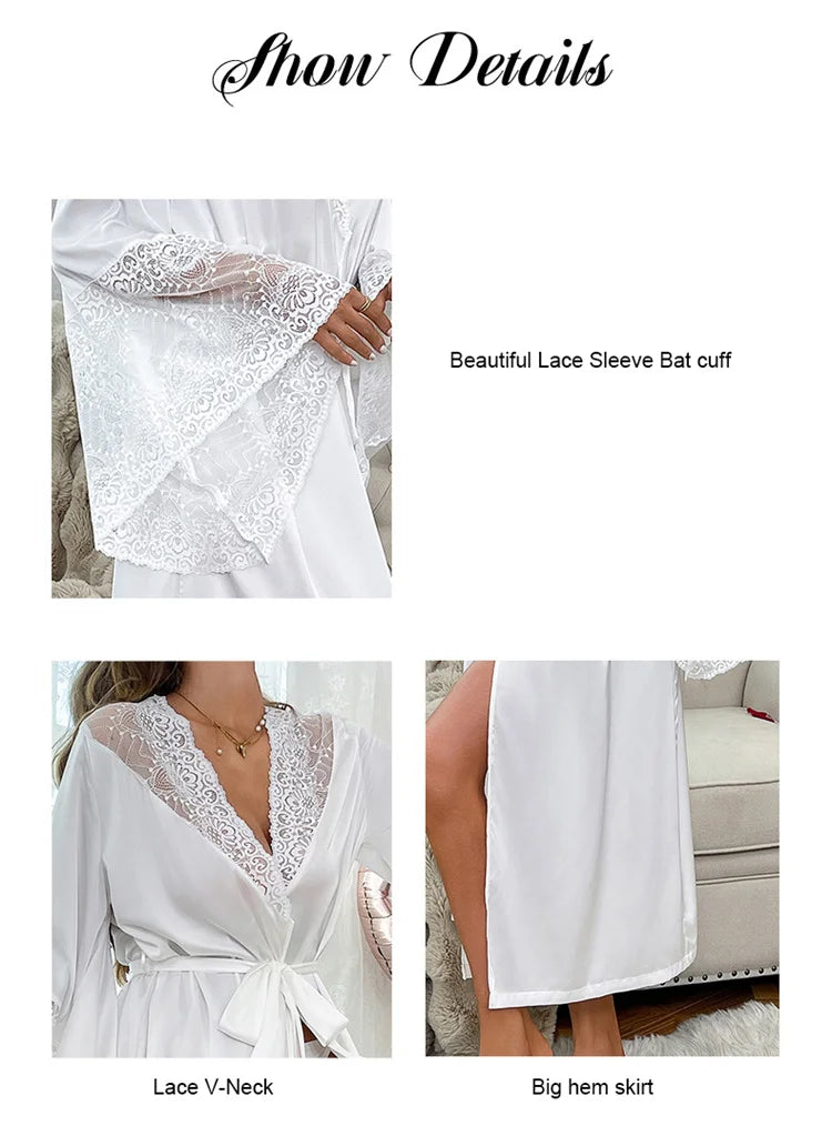 Women Robe White Satin Dressing Gown Lace Splicing Pijama Long Sleeved Luxury Bathrobe Home Wear Nightgowns Elegent Shower Robe