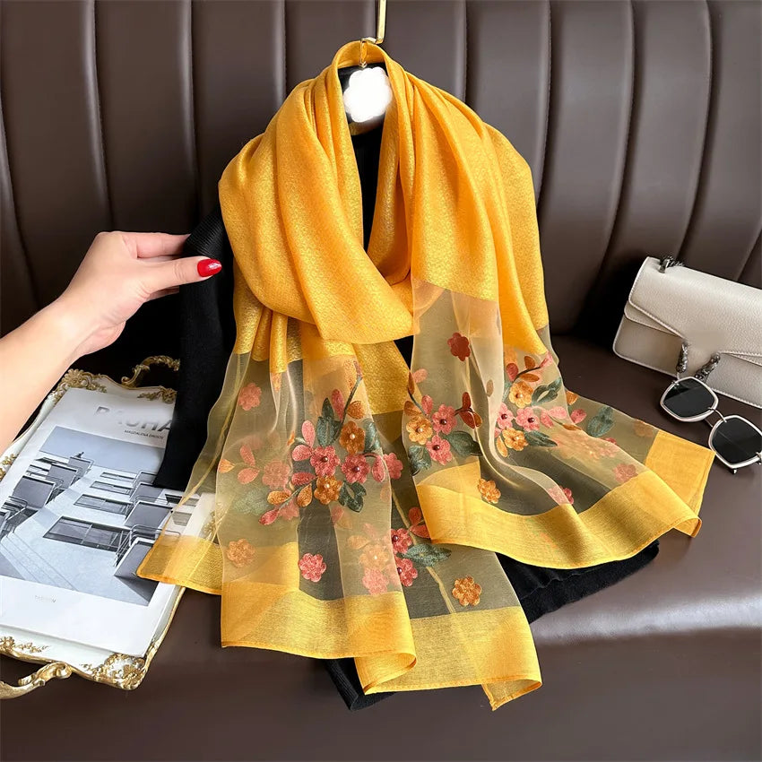 Luxury Women Hijab Shiny Lace Scarf Silk Soft Wool Shawls and Wraps Embroidery Flower Thin Scarves Foulard Female Bufanda New