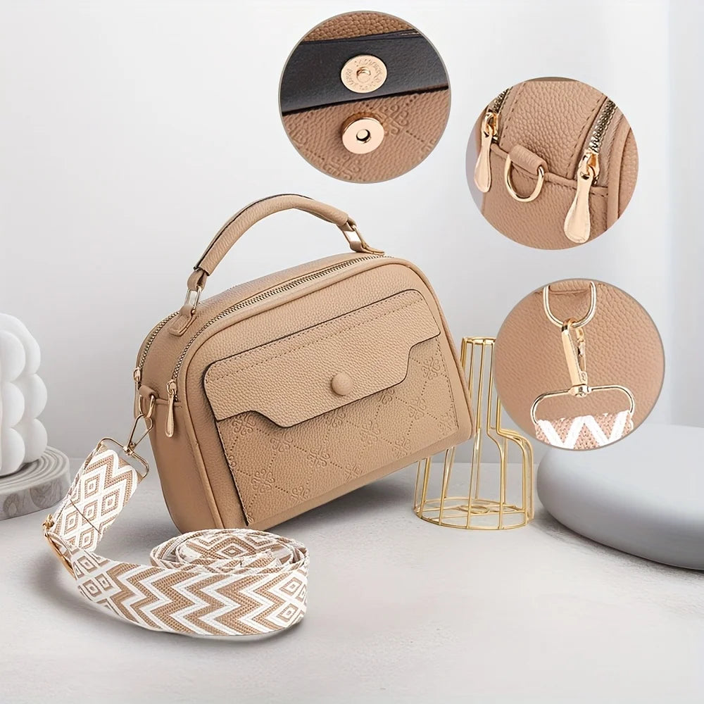 Women's Synthetic Leather Messenger Bag with Detachable Strap, Multi Layer Compartments, Chic Crossbody Purse for School, Travel