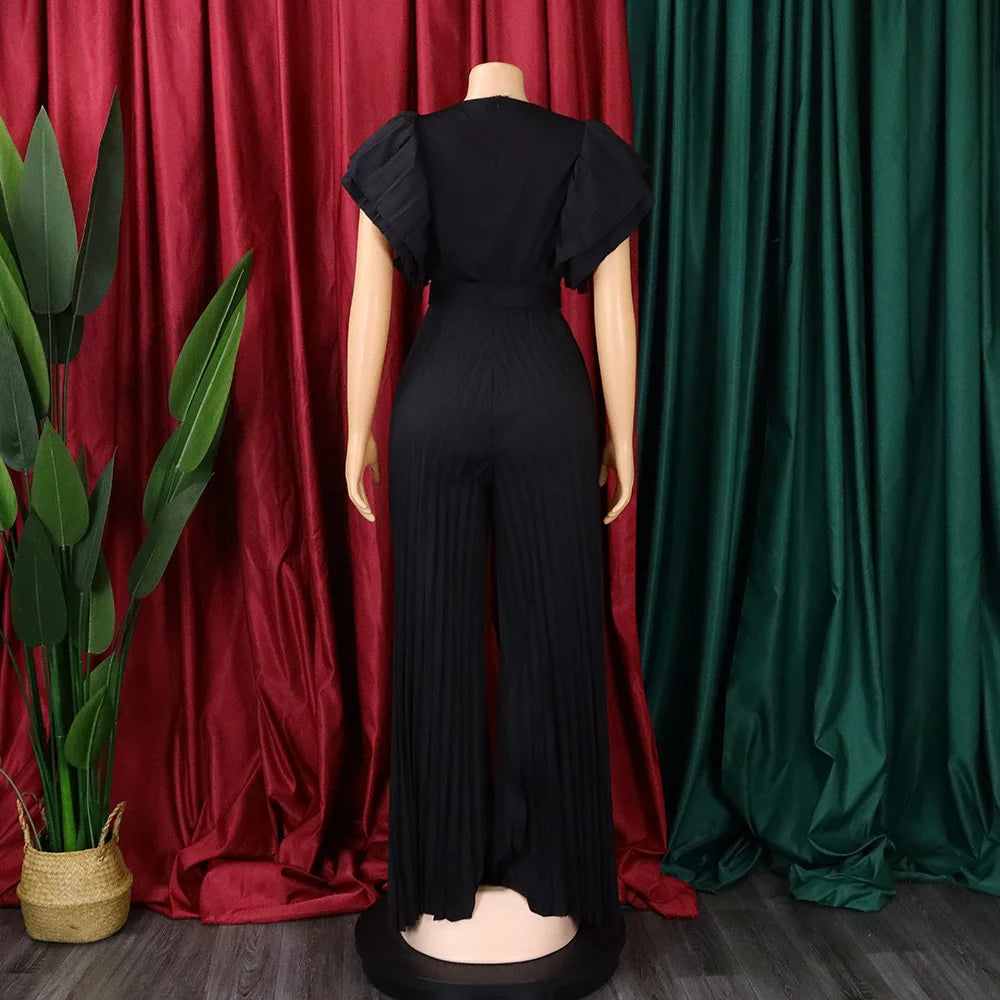 Luxury Jumpsuits & Rompers Pleated for Women V Neck Ruffles Sleeve Floor Length High Quality Elegant Birthday Party Dinner Cloth