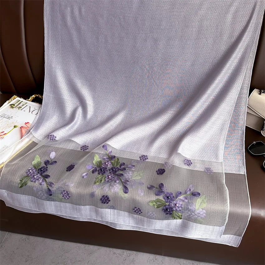 Luxury Women Hijab Shiny Lace Scarf Silk Soft Wool Shawls and Wraps Embroidery Flower Thin Scarves Foulard Female Bufanda New