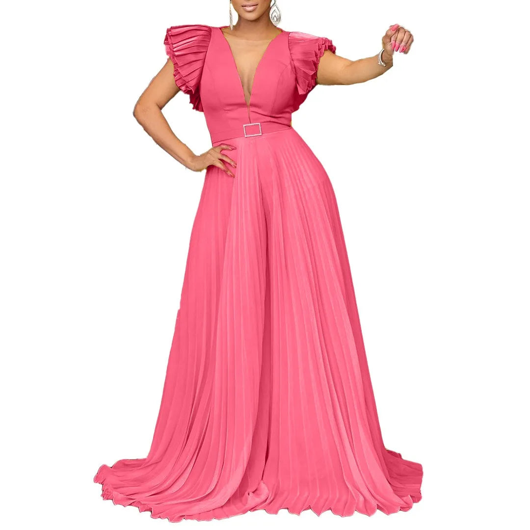 Luxury Jumpsuits & Rompers Pleated for Women V Neck Ruffles Sleeve Floor Length High Quality Elegant Birthday Party Dinner Cloth