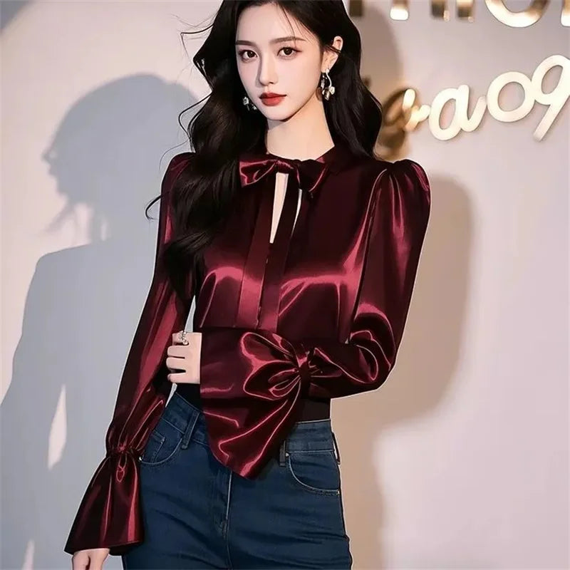 Luxury Satin Shirt Women Spring Summer New Coat Unique Beautiful Waist Jacket French Blouse Chic Outerwear Female Overcoat Tops