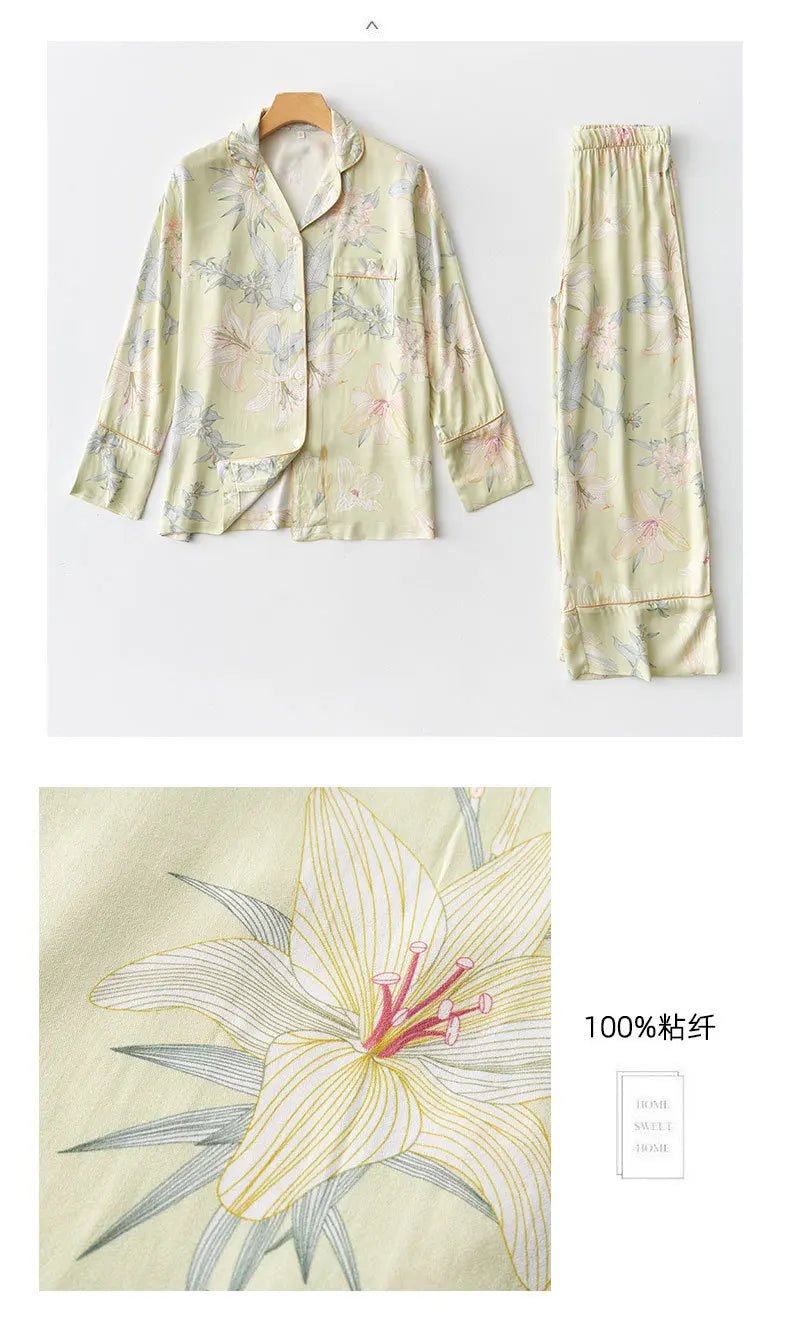 Luxury Floral Pajama Set Women Silk-like Viscose Loungewear Elegant Lily Print Sleepwear 2 Piece with Piping Long Sleeve Suit