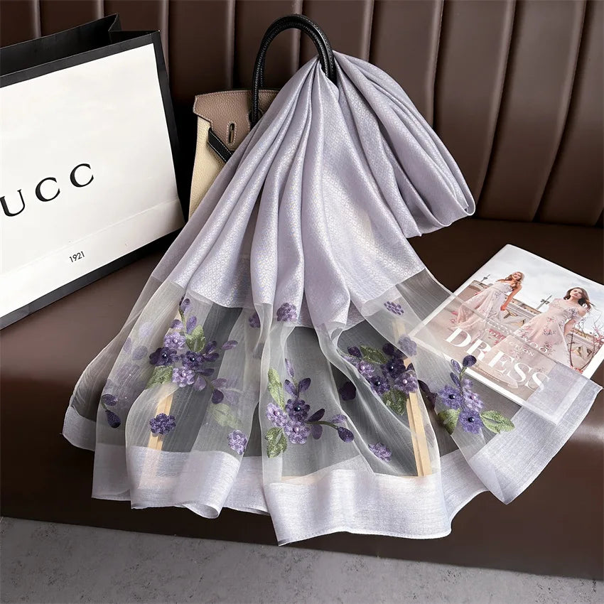 Luxury Women Hijab Shiny Lace Scarf Silk Soft Wool Shawls and Wraps Embroidery Flower Thin Scarves Foulard Female Bufanda New