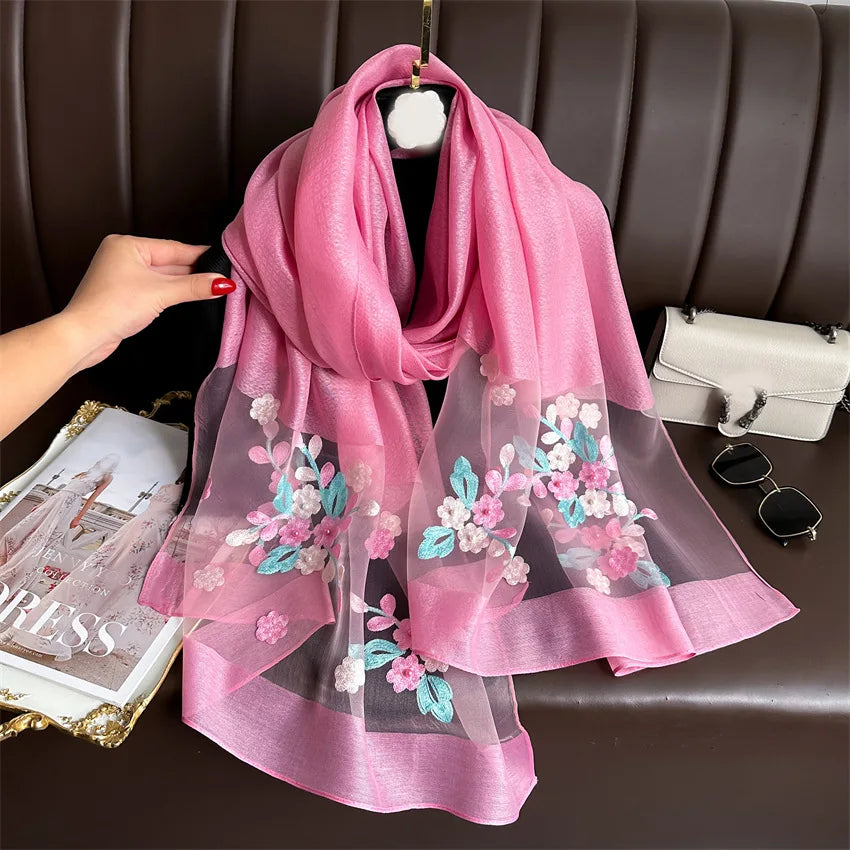 Luxury Women Hijab Shiny Lace Scarf Silk Soft Wool Shawls and Wraps Embroidery Flower Thin Scarves Foulard Female Bufanda New
