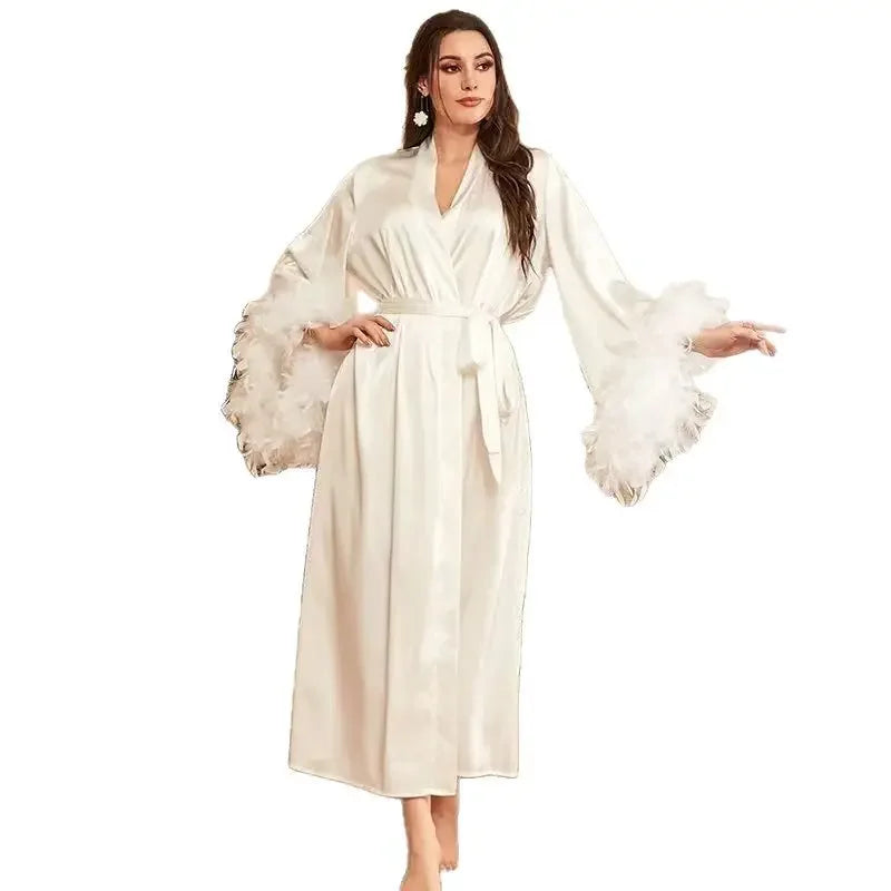 Luxury Feather Wedding Long Robe Dress Bride Home Dressing Gown Loose Casual Silk Satin Kimono Bathrobe Gown Negligee Sleepwear