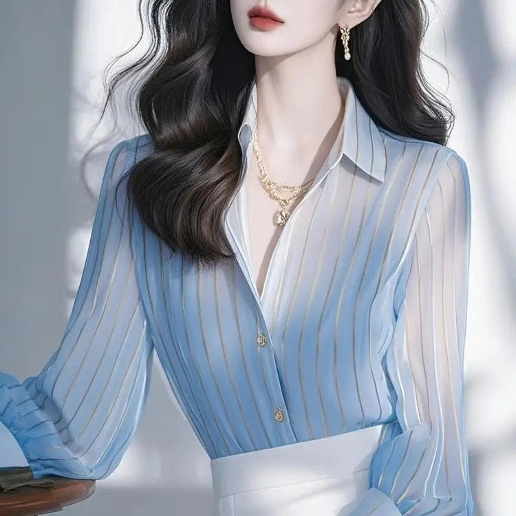 Luxury Light Blue Striped Shirt for Women's Spring New French Style Chiffon