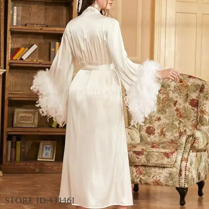 Luxury Feather Wedding Long Robe Dress Bride Home Dressing Gown Loose Casual Silk Satin Kimono Bathrobe Gown Negligee Sleepwear