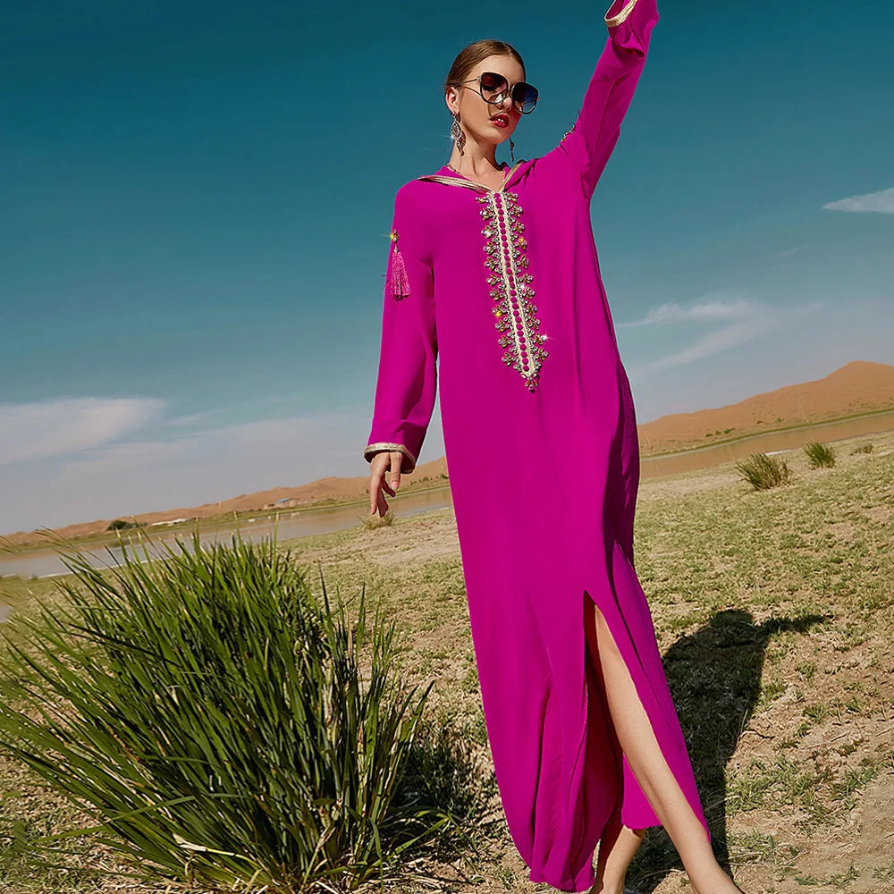 Luxury Dubai Abaya Diamonds Kaftan Jalabiya Eid Djellaba Women Muslim Dress Hooded Robe Femme Musulmane Vestidos Islam Clothing