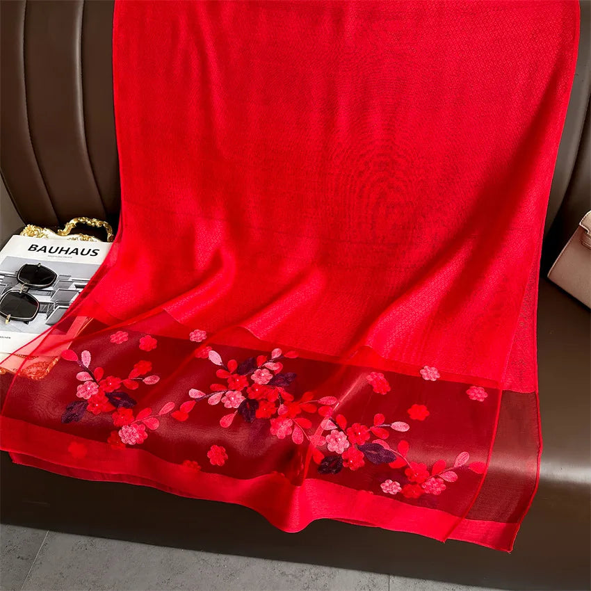 Luxury Women Hijab Shiny Lace Scarf Silk Soft Wool Shawls and Wraps Embroidery Flower Thin Scarves Foulard Female Bufanda New