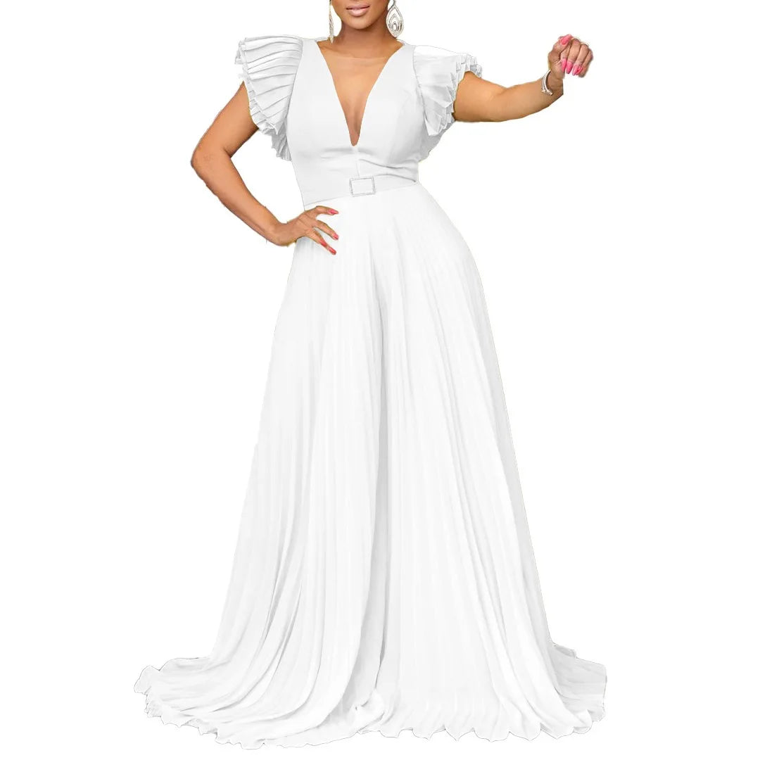 Luxury Jumpsuits & Rompers Pleated for Women V Neck Ruffles Sleeve Floor Length High Quality Elegant Birthday Party Dinner Cloth