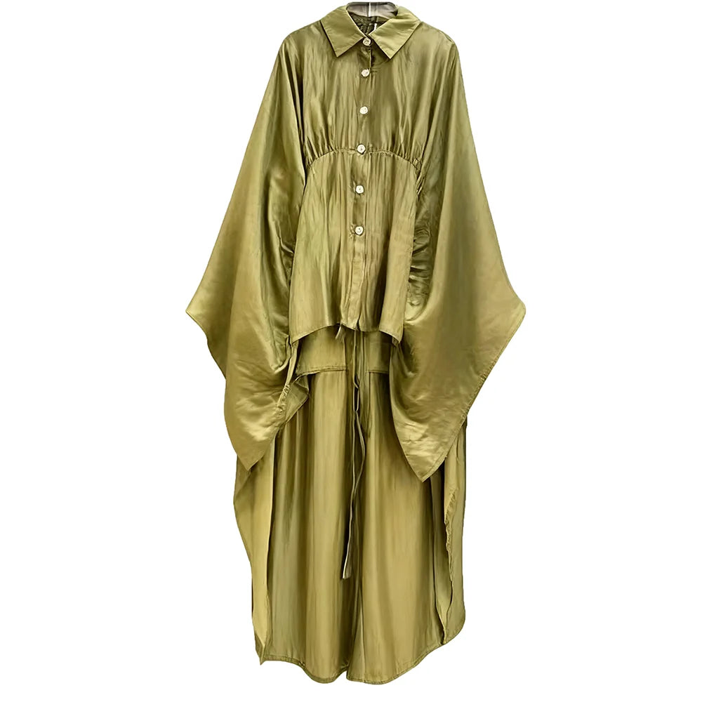 VGH Luxurious Two Piece Set for Women Lapel Flare Sleeve Tunic Top High Waist Wide Lae Pant Temperament Party Suit Female Style