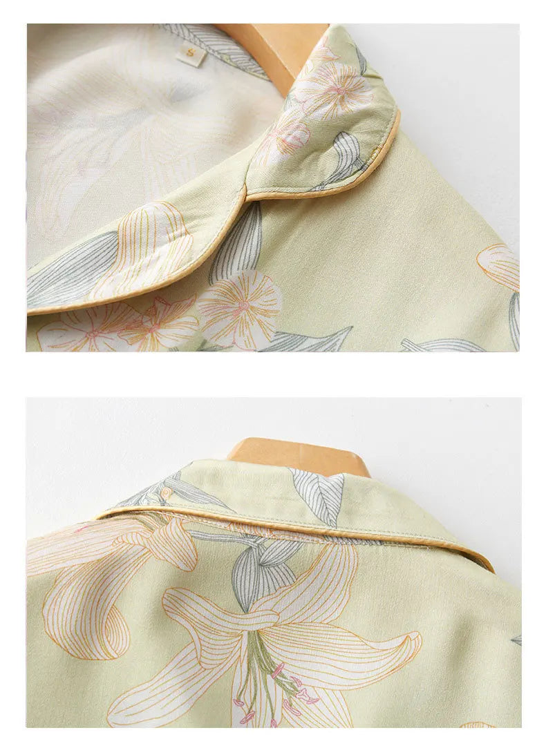 Luxury Floral Pajama Set Women Silk-like Viscose Loungewear Elegant Lily Print Sleepwear 2 Piece with Piping Long Sleeve Suit