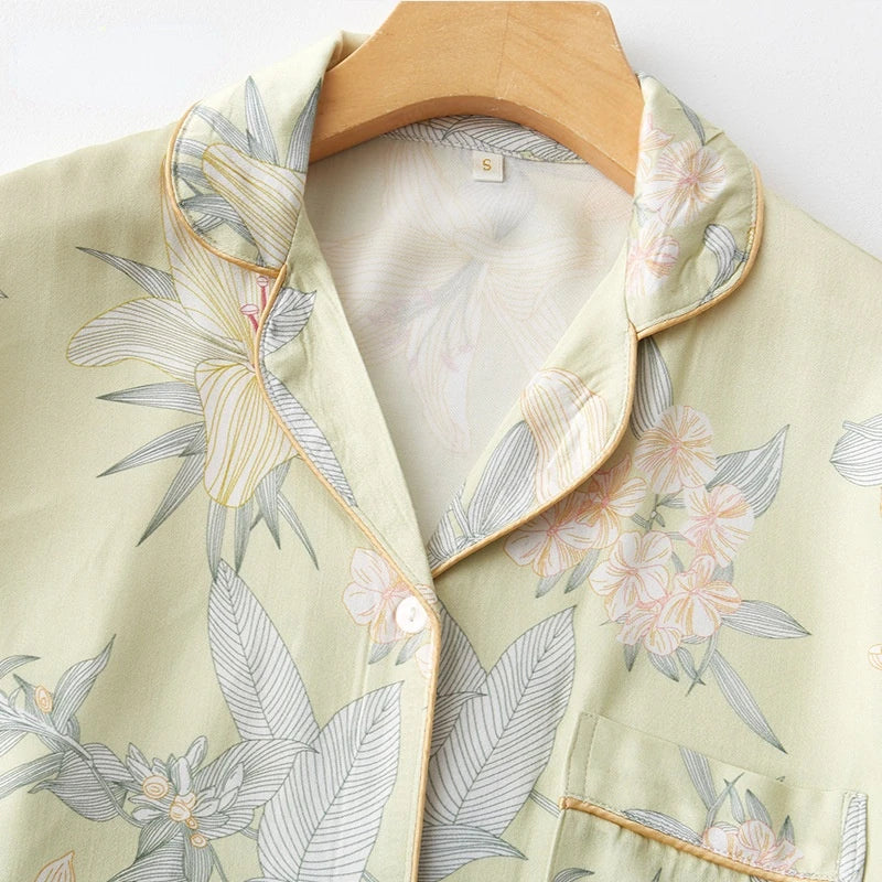 Luxury Floral Pajama Set Women Silk-like Viscose Loungewear Elegant Lily Print Sleepwear 2 Piece with Piping Long Sleeve Suit