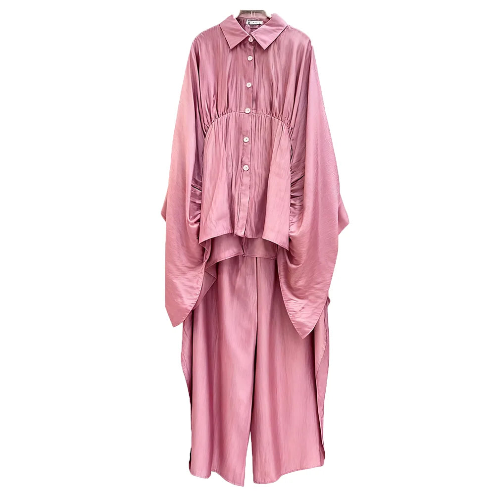 VGH Luxurious Two Piece Set for Women Lapel Flare Sleeve Tunic Top High Waist Wide Lae Pant Temperament Party Suit Female Style
