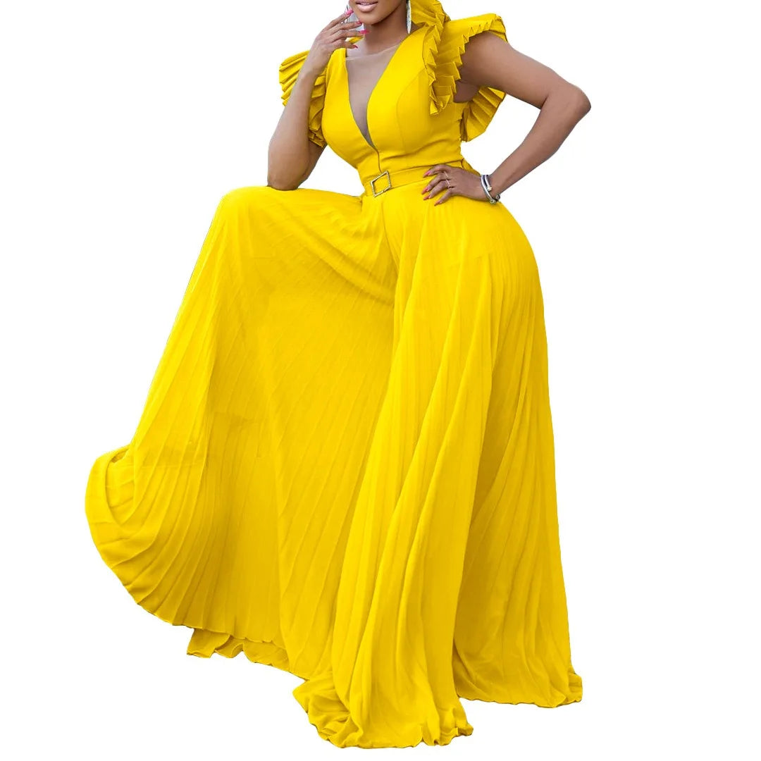 Luxury Jumpsuits & Rompers Pleated for Women V Neck Ruffles Sleeve Floor Length High Quality Elegant Birthday Party Dinner Cloth