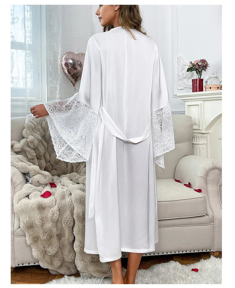 Women Robe White Satin Dressing Gown Lace Splicing Pijama Long Sleeved Luxury Bathrobe Home Wear Nightgowns Elegent Shower Robe