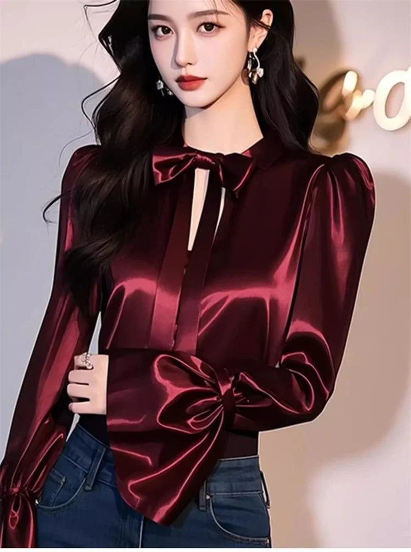 Luxury Satin Shirt Women Spring Summer New Coat Unique Beautiful Waist Jacket French Blouse Chic Outerwear Female Overcoat Tops