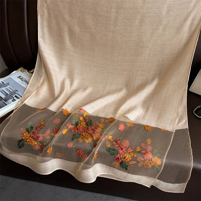 Luxury Women Hijab Shiny Lace Scarf Silk Soft Wool Shawls and Wraps Embroidery Flower Thin Scarves Foulard Female Bufanda New